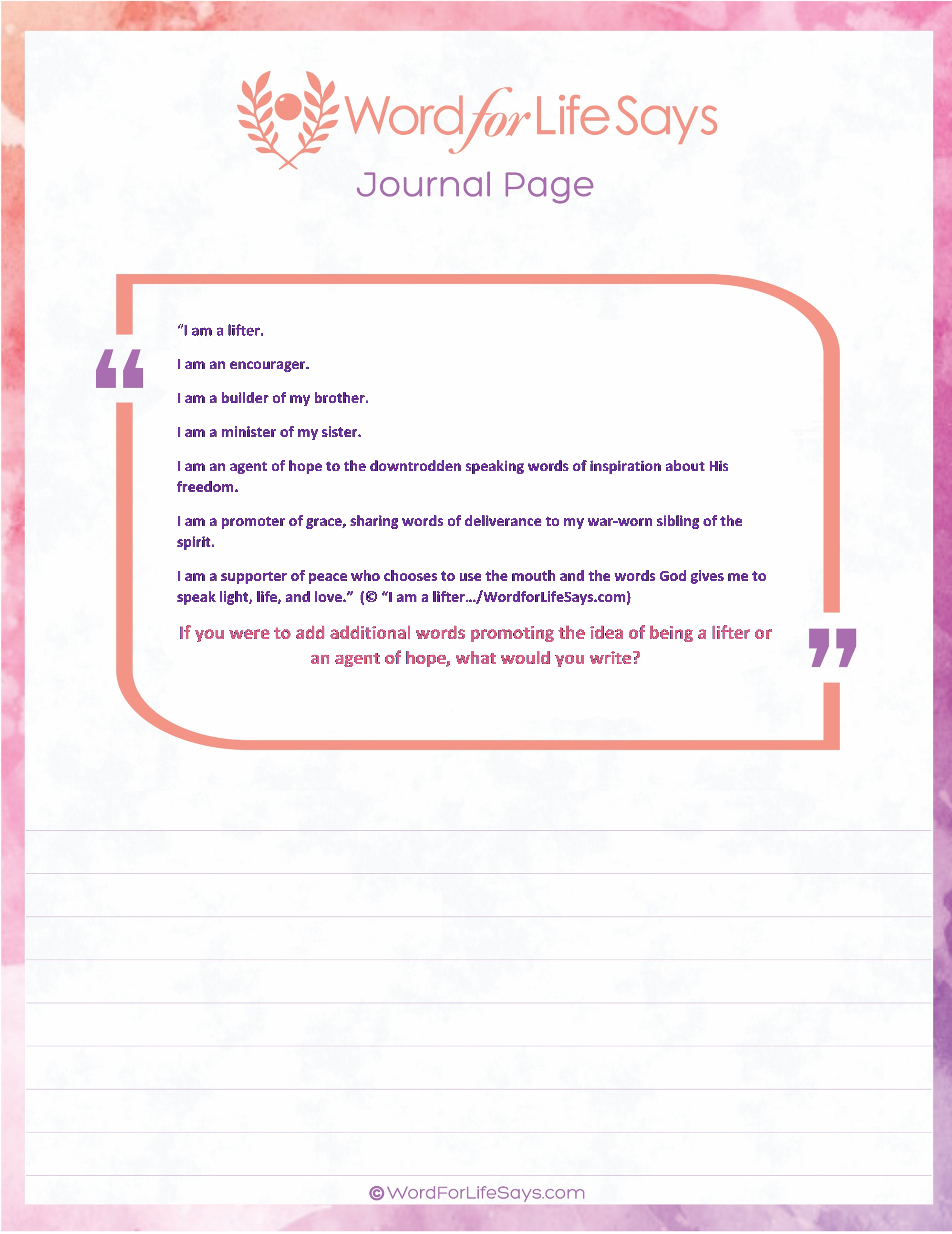 Adult Journal Page - I Am a Lifter...