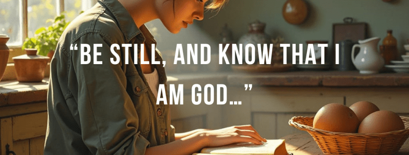 Psalm 46:10, Be still and know that I am God, encouraging verse, woman, farm, reading Bible